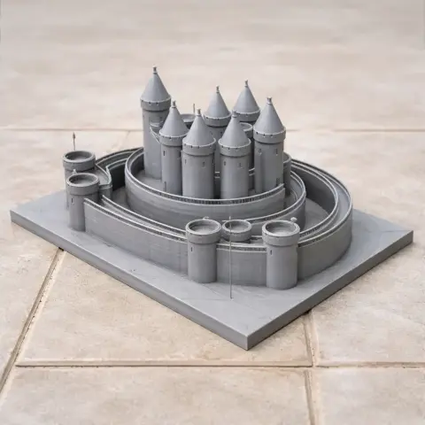3D printed Queenborough Castle model with multiple towers on a rectangular base.