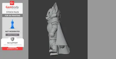 3D model of a cartoon cat in knight armor with a cape, side view, for 3D printing.