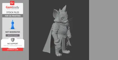Knight armor-clad cartoon cat figure with a cape, designed for 3D printing.