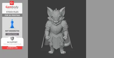 A 3D model of a cat in intricate knight armor, standing upright with a detailed helmet.