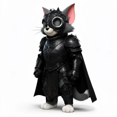 Anthropomorphic cat in medieval knight armor with a cape, featuring detailed dark metal textures.