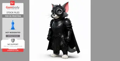 Cartoon cat in dark knight armor with cape, standing proudly.