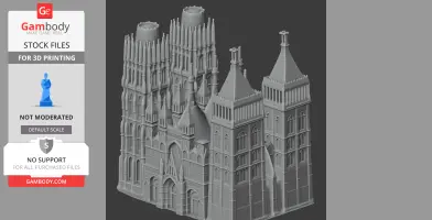 3D model of Rouen Cathedral with intricate gothic architectural details and spires.
