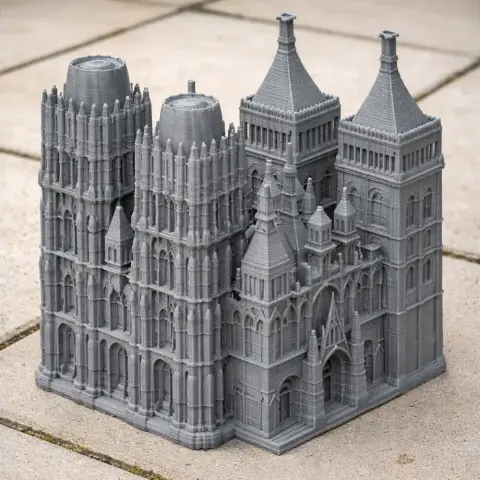 Detailed 3D-printed model of Rouen Cathedral, showcasing intricate Gothic architectural features.