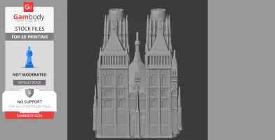 Detailed 3D model of Rouen Cathedral's facade with towers and intricate architectural elements.