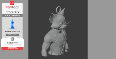 A 3D model of a mashup figure with a cat head and superhero suit, featuring a ring on top.