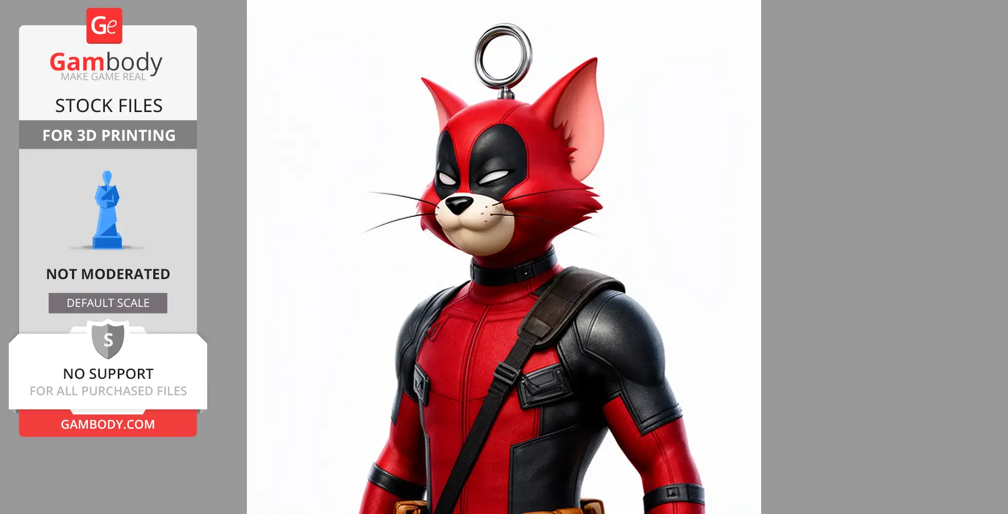 A red-suited figure with a cat head resembling a superhero, featuring a ring on top.