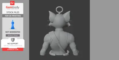Anthropomorphic cat in Deadpool costume, back view, with ring on head for 3D printing.