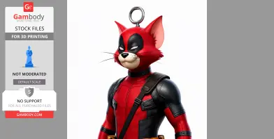 A red-suited figure with a cat head resembling a superhero, featuring a ring on top.