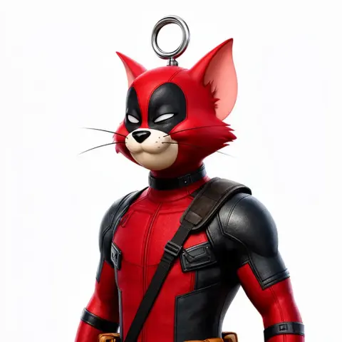Cat character in a red and black superhero suit with a ring on its head, resembling Deadpool.