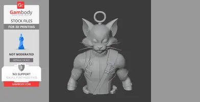 A 3D model of a cat with muscular torso, wearing a superhero suit and a loop on top of its head.