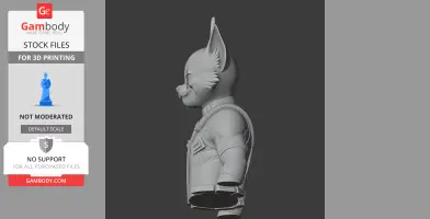 A 3D model combining a cartoon cat and a superhero outfit, side view.
