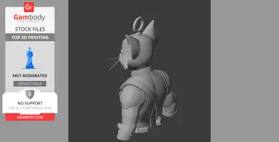 A cat figure in a superhero suit, with a keychain loop on its head, viewed from behind.