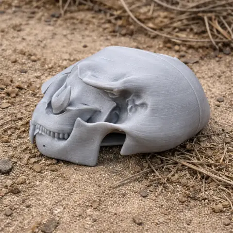 Gray Hyainailouros skull replica on sandy ground with sparse dry grass.