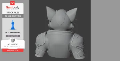 3D model of a cat in armor, featuring prominent ears and shoulder pads, viewed from the back.