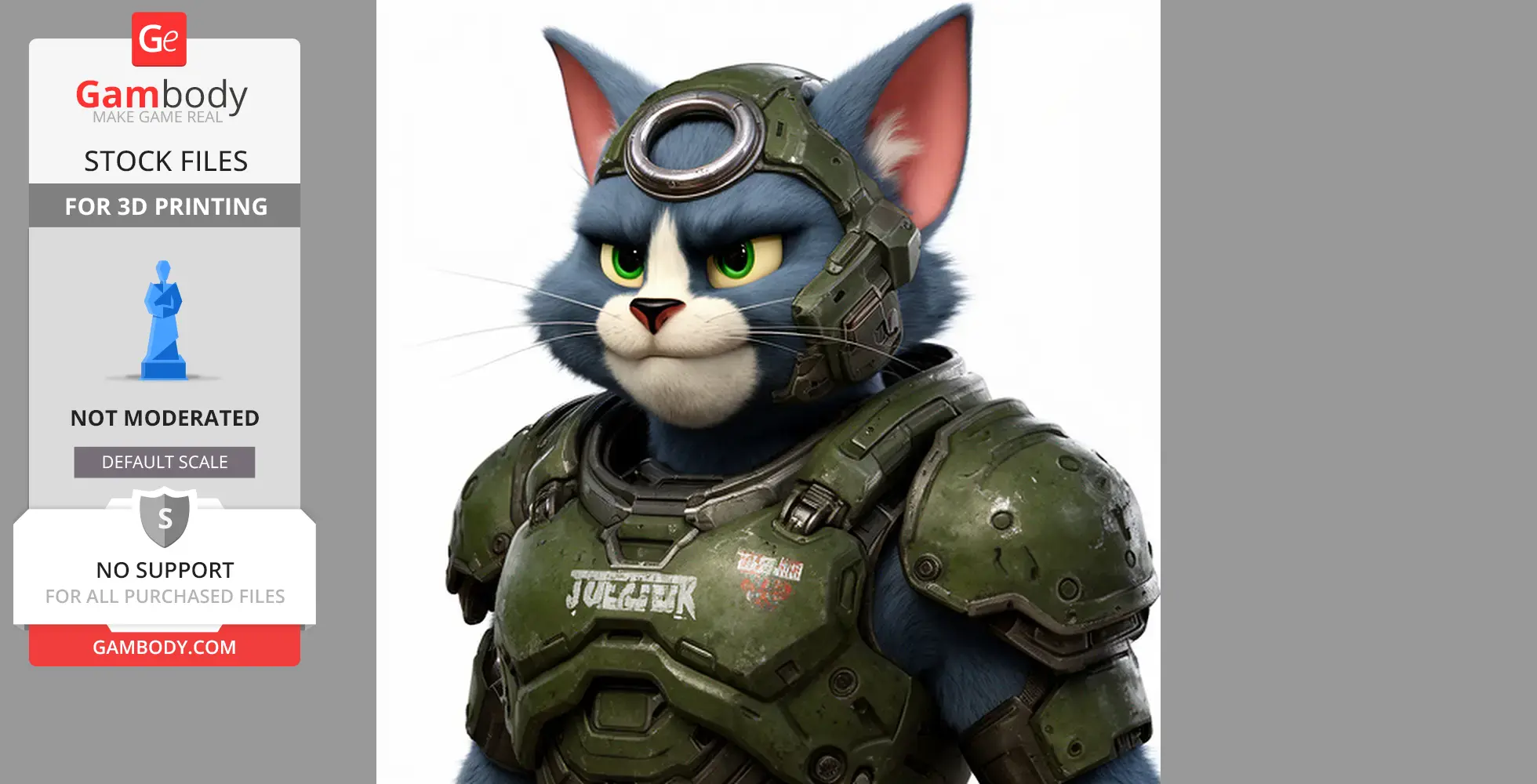 A cartoon cat character in green sci-fi armor, combining feline and futuristic elements.