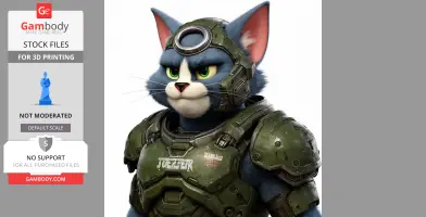 A cartoon cat character in green sci-fi armor, combining feline and futuristic elements.