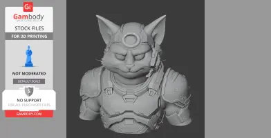 A 3D model of a cat in futuristic armor, featuring large ears and detailed facial features.