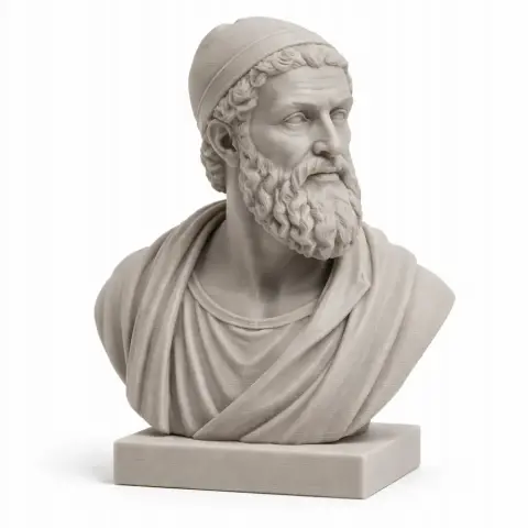 Bust of a bearded warrior in draped clothing and cap, on a square base.