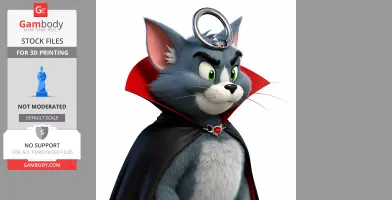 A cartoon gray cat dressed as Dracula with a red-lined cape and ring, ready for 3D printing.