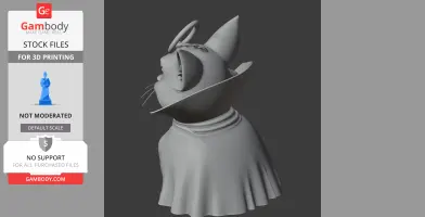 A 3D model of a cat with a Dracula cape, featuring large ears and a collar, styled for 3D printing.