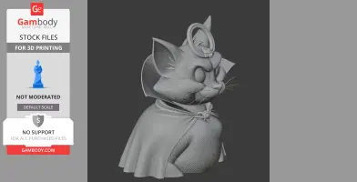 3D model of a cartoon cat dressed as Dracula with a ring on its head, wearing a cape.