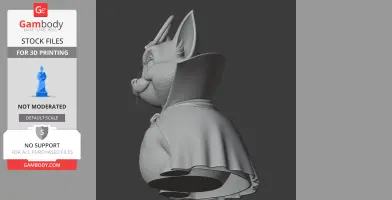Cartoon cat with Dracula cape, ears up, profile view, detailed 3D model for printing.