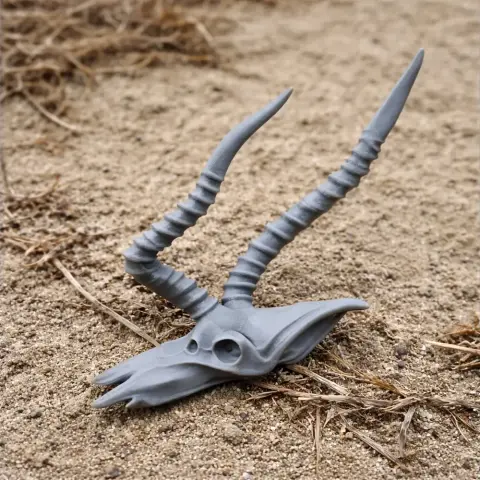 Gray 3D-printed Impala skull replica with spiraled horns on sandy ground.