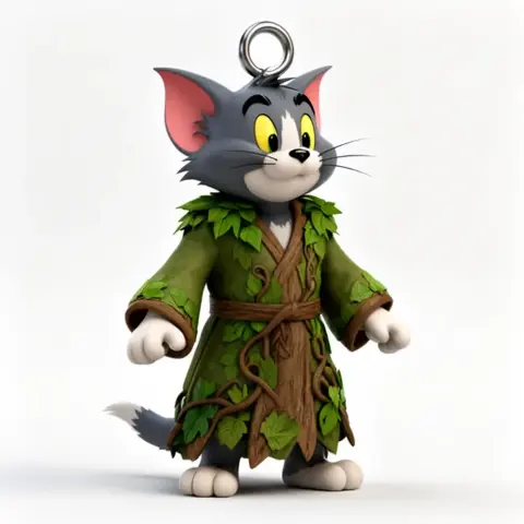 A cartoon cat in a green druid robe adorned with leaves and vines, with a loop on its head.