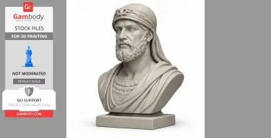 Realistic 3D bust of a bearded historical figure wearing a headband and draped clothing.