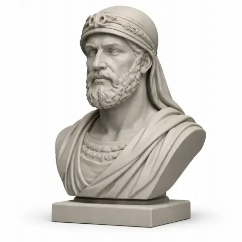 Bust of a bearded historical warrior with a cloak and headpiece on a pedestal.