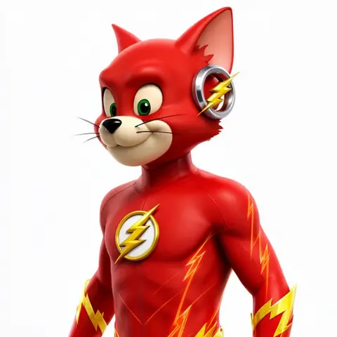 Anthropomorphic red cat with lightning bolt emblem in superhero costume.