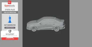 3D model of a sleek Audi RS3 for 3D printing, displayed in a side view against a dark background.