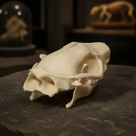 3D-printed Indian long-eared hedgehog skull model on display table, with blurred animal figure in background.