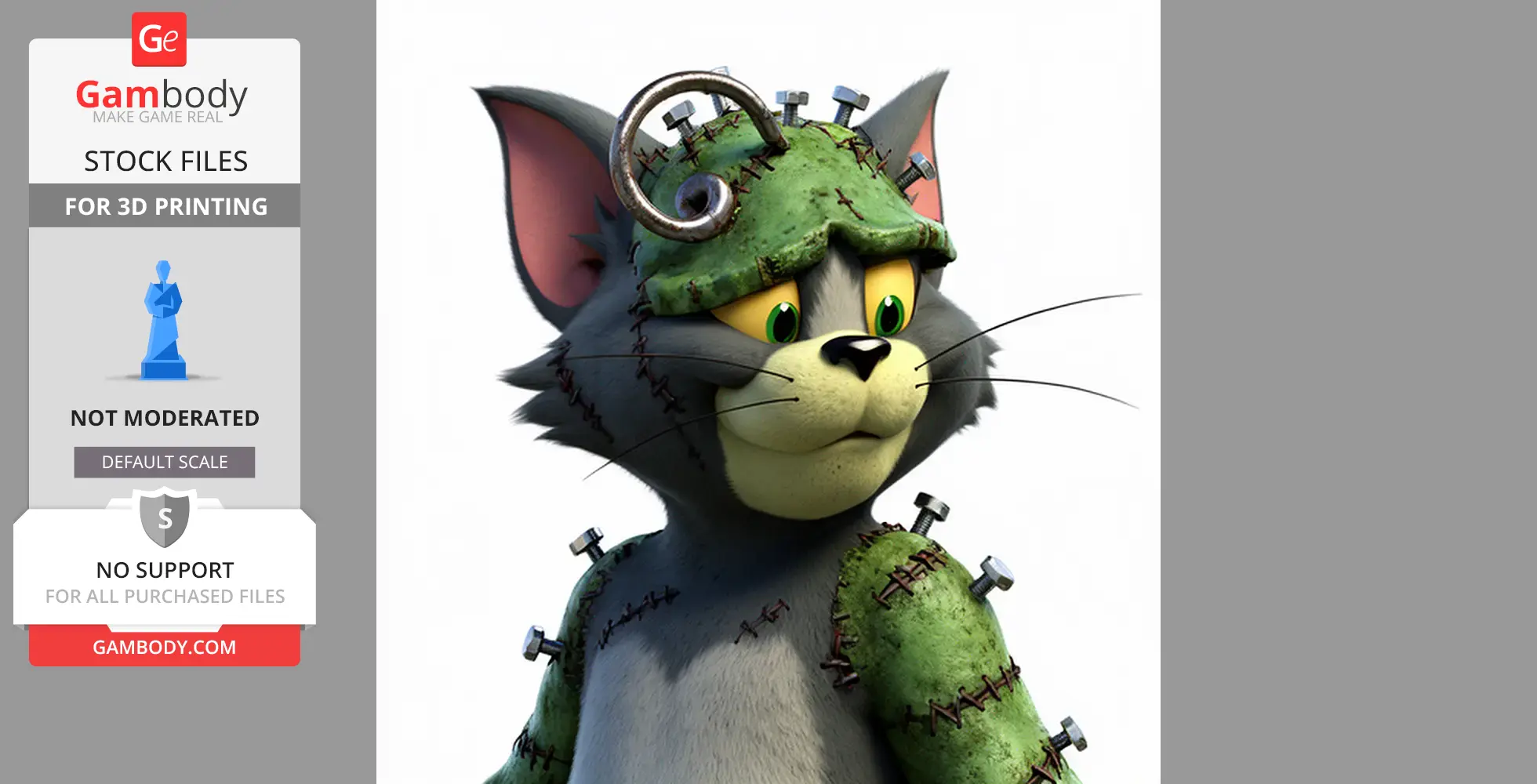 A cartoon cat with Frankenstein-style stitches, bolts, and a green patchwork appearance.