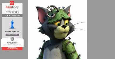 A cartoon cat with Frankenstein-style stitches, bolts, and a green patchwork appearance.