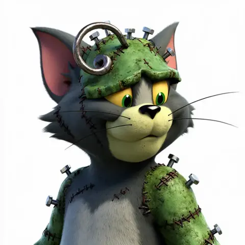 A cartoon cat with Frankenstein-like features, green patches, stitches, and bolts.