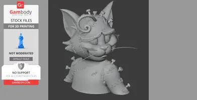 3D printed Tom Cat with Frankenstein's monster features, bolts, and stitches on body.