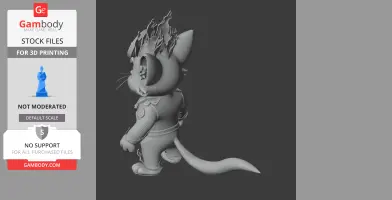 Anthropomorphic cat with a flaming head and biker attire, standing with a long tail and prominent whiskers.