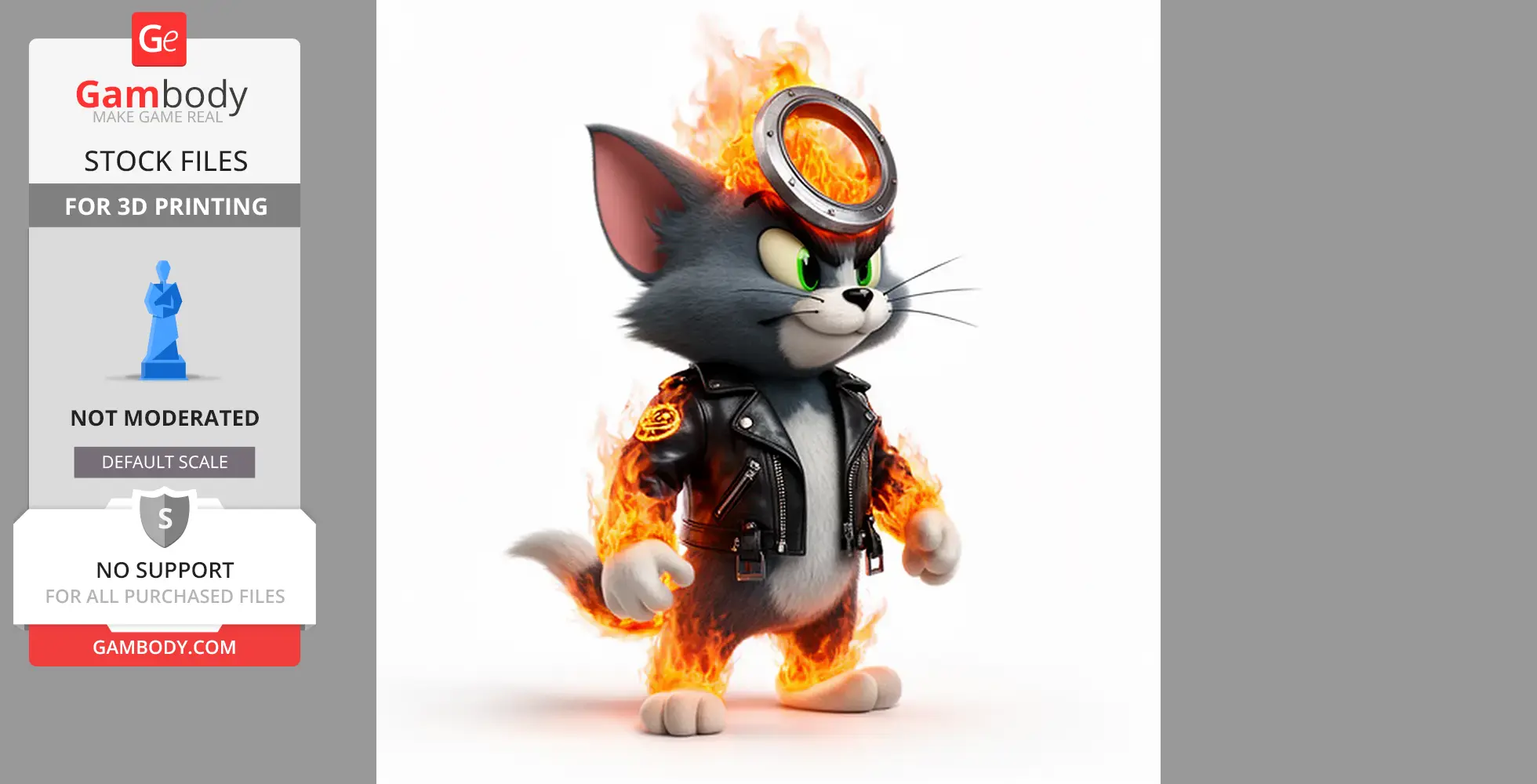 A cartoon cat in a flaming biker outfit, inspired by Ghost Rider, with a fiery ring on its head.