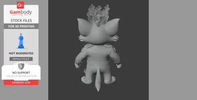 Mashup figure of a cat wearing a jacket with flame details on the head, viewed from the back.