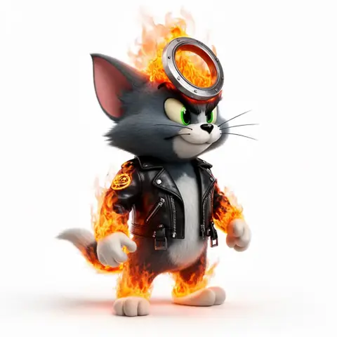 Anthropomorphic cat in a flaming leather jacket with a ring on its head, styled like a biker.