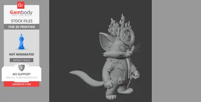 A 3D figure of an anthropomorphic cat wearing a biker jacket with flaming headgear and a fierce expression.