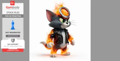A cartoon cat in a flaming biker outfit, inspired by Ghost Rider, with a fiery ring on its head.