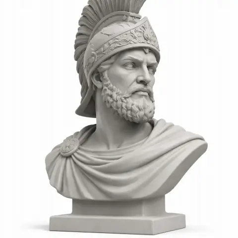 Bust of an ancient warrior with a helmet and cloak, displaying a stern expression.