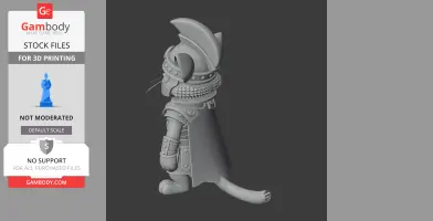 Cat gladiator in armor with a helmet and cape, standing on hind legs.