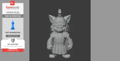 A 3D model of a cat dressed as a gladiator, with helmet and armor, designed for 3D printing.