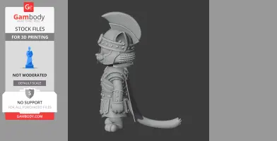Cat character in gladiator armor, side view. Helmet with plume, breastplate, and tail visible. 3D print model.