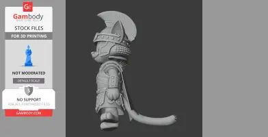 Cat in gladiator armor with helmet and sword tail in a side pose, designed for 3D printing.