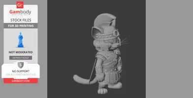 Cat in gladiator armor with helmet and cape, standing in a side profile.